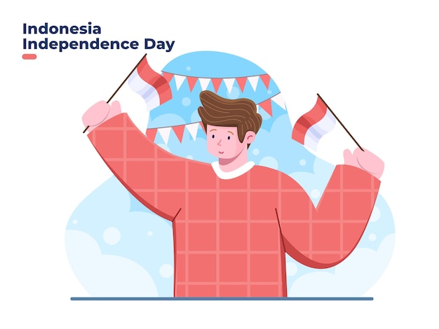 8월 17일 젊은 남자 캐릭터 벡터 평면 삽화가 있는 행복한 인도네시아 독립 기념일