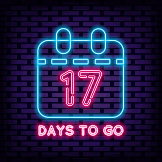 17 days to go badge in stile neon incandescente con luce al neon colorata insegna al neon dell'annuncio