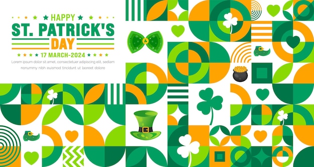 17 March is Happy St Patricks day geometric shape pattern background with green leaves background