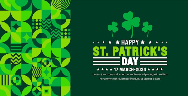 17 March is Happy St Patricks day geometric shape pattern background with green leaves background