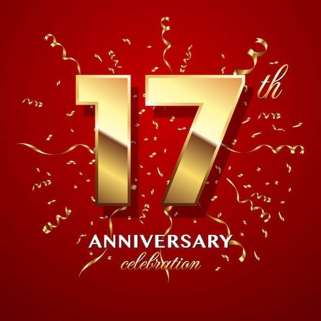 17th Anniversary Celebration Logo design with golden number and ribbon Logo Vector Template