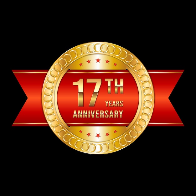 17th anniversary emblem design with gold color and red ribbon Logo Vector Template Illustration