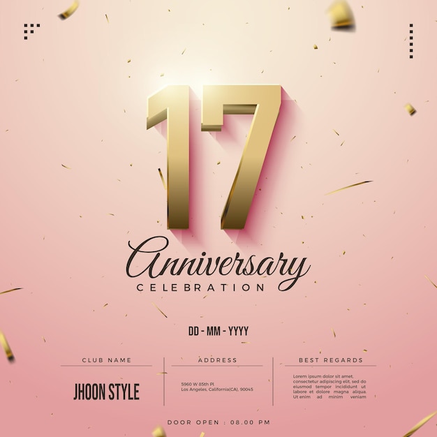 17th anniversary invitation with 3D numbers on a pink background