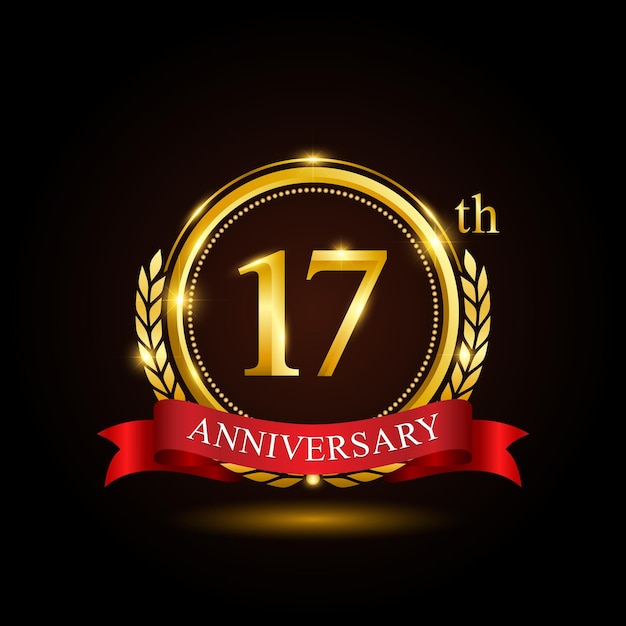 17th golden anniversary template design with shiny ring and red ribbon laurel wreath isolated on black background logo vector