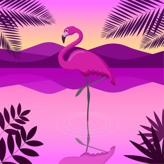 17x9pink flamingo bij zonsondergang tropisch landschap geschikt voor ansichtkaarten banners platte cartoon vectorillustratie