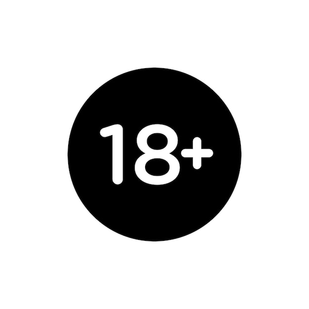 18 플러스 아이콘 세트 성인 플러스 연령 서클 터 기호는 검은색으로 채워지고 윤을 찍은 18 세 제한 표시입니다.