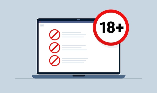 18 più l'icona rotonda di avvertenza sul laptop con contenuto proibito. diciotto. contenuto per adulti. vettore