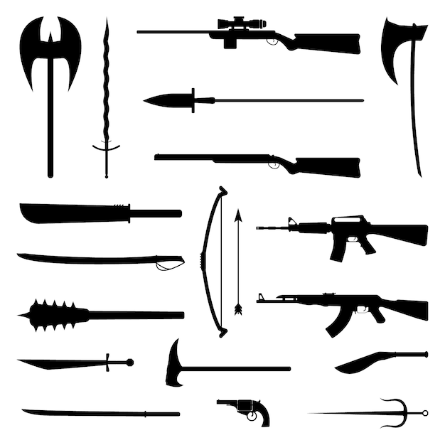 18 weapon silhouette icons. medieval and modern set