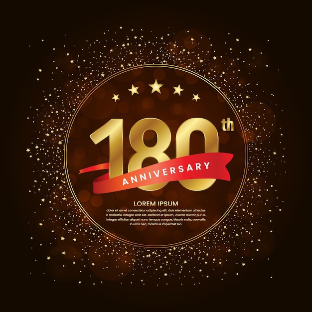 180th anniversary logo with a golden number and a red ribbon decorated with glitter stars