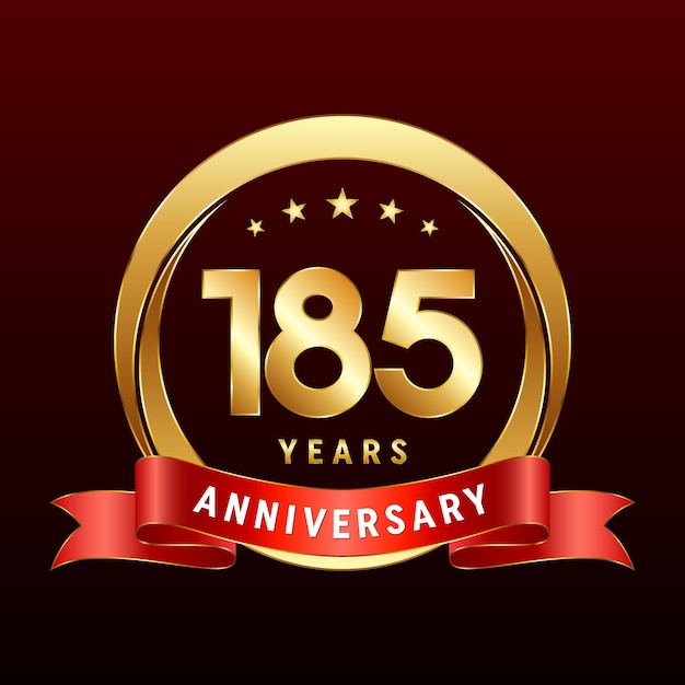 185th Anniversary logo design with golden ring and red ribbon Logo Vector Template Illustration