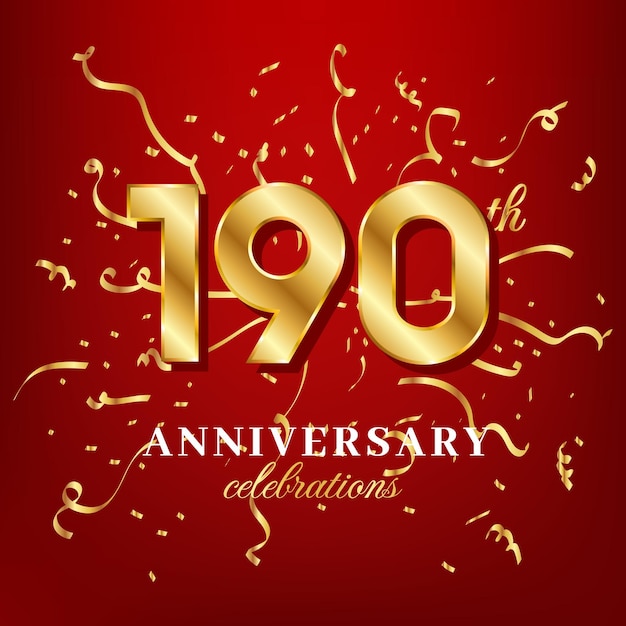 190 golden numbers and anniversary celebrating text with golden confetti spread on a red background