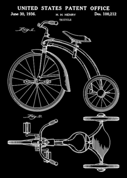 Vettore arte del brevetto del triciclo d'epoca del 1936