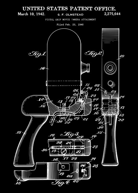 1942 pistol grip movie camera attachment patent