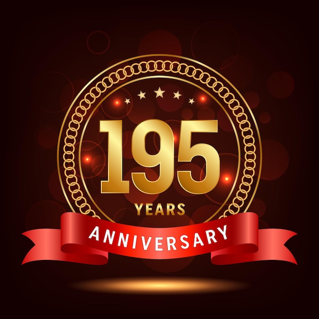 195th Anniversary Logo Golden number with sparkling confetti and ribbon Vector Template