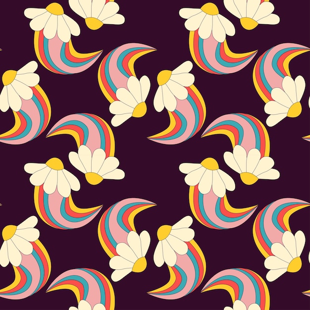 Vettore 1970 margherita fiore arcobaleno seamless pattern groovy hippie sfondo retrò vintage 90 y2k psichedelico