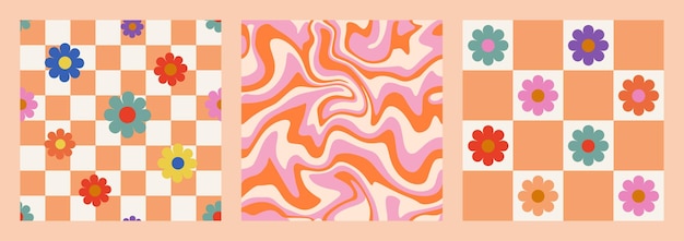 1970 Daisy Flowers on Checkered Background Wavy Swirl Seamless Pattern Set in Orange Pink Colors