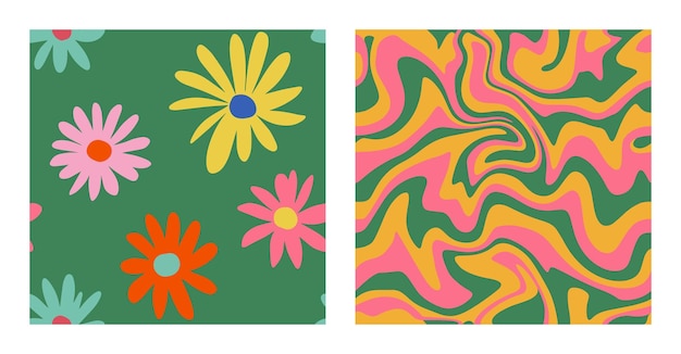 Hippie Aesthetic. 1970s Seamless Pattern Pack In Yellow, Daisy