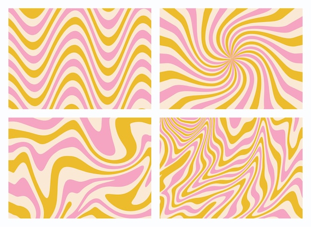 1970 groovy achtergronden set van geel en pastel roze regenboog lijn handgetekende golvende swirl vector illustratie jaren zeventig stijl behang plat ontwerp hippie esthetiek