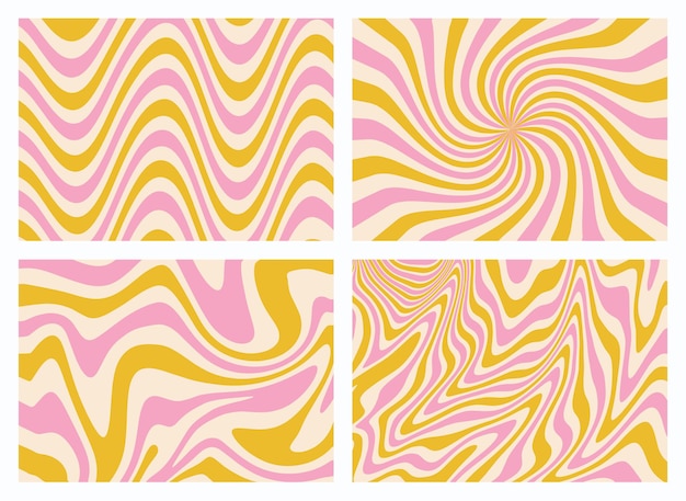 1970 groovy achtergronden set van geel en pastel roze regenboog lijn handgetekende golvende swirl vector illustratie jaren zeventig stijl behang plat ontwerp hippie esthetiek