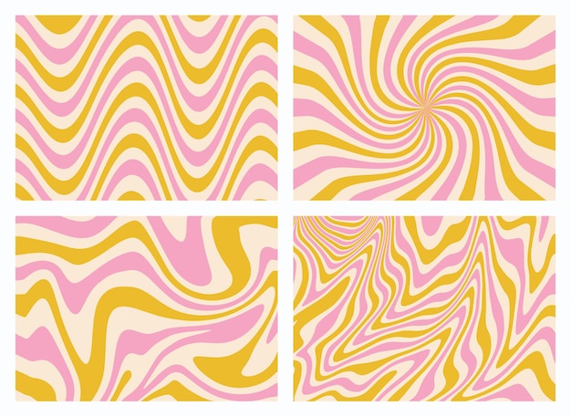 1970 그루비 배경 세트 노란색과 파스텔 핑크 레인보우 라인 HandDrawn 물결 모양의 소용돌이 벡터 일러스트 70 년대 스타일 벽지 평면 디자인 히피 미학