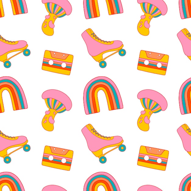 1970 groovy pattern. rainbow, cassette, rollers, mushroom on bright vector seamless pattern