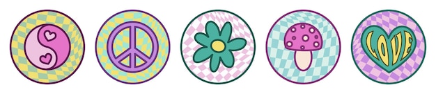 Set di adesivi hippie del 1970: cerchio asiatico yin yang, simbolo della pace, fiore margherita, fungo agarico volante, lov