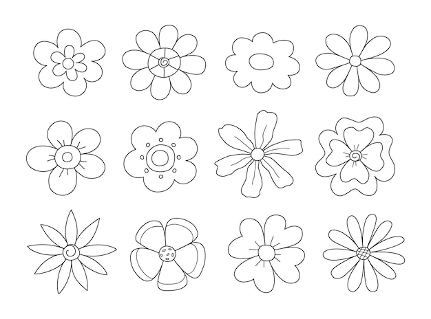 1970 madeliefjebloemen instellen Eenvoudige lineaire vectorillustratie