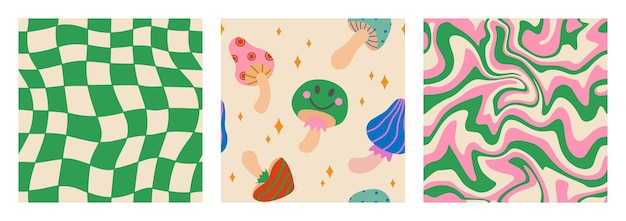 Vector 1970 mushroom trippy grid wavy swirl seamless pattern set in green pink colors handdrawn vector