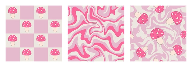 1970 Mushroom, Trippy Grid, Wavy Swirl Seamless Pattern Set in Pink Colors. Hand-Drawn Vector