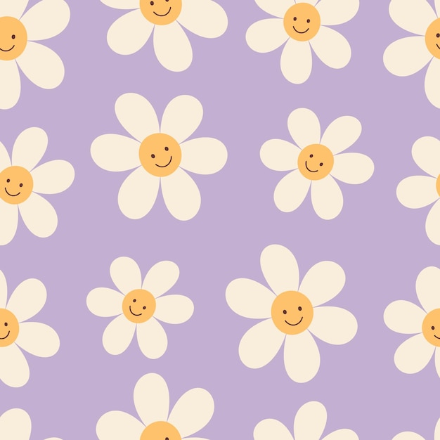 1970 seamless naive pattern with a daisy with a smile Hippie aesthetics Retro lavender background