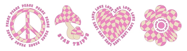 1970 Slogan Stickers Set Peace Sign Mushrooms Daisy Heart in Pink Checkered Pattern Retro Style Crazy Groovy Hippie Aesthetics Kids Graphic Tshirt Cover Sticker HandDrawn vector art