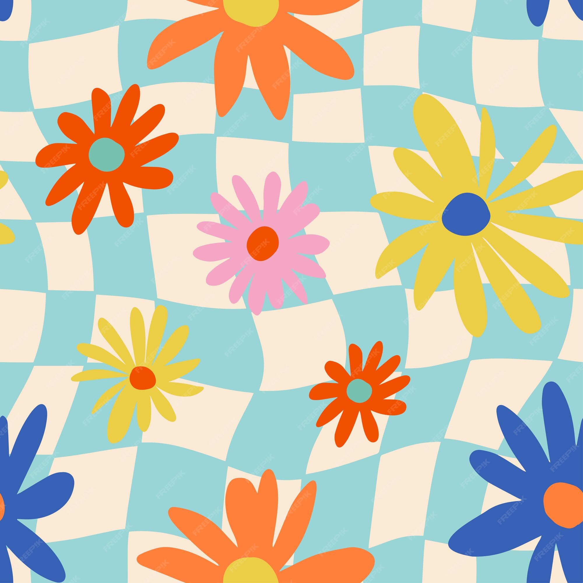 Premium Vector | 1970s retro daisy seamless pattern on blue ...