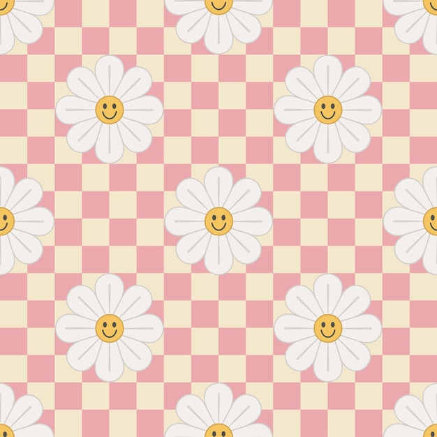 Vettore 1970 retro smile camomilla seamless pattern su sfondo a scacchi rosa. estetica hippie. illustrazione vettoriale disegnata a mano, design piatto. copertina grafica per bambini o adesivo.