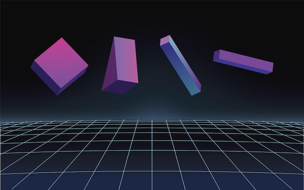 1980's neon sci fi landscape Retrowave synthwave vector background Cyberpunk perspective grid