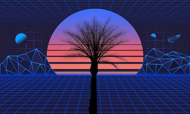 Sfondio futuristico retrò degli anni '80, tramonto futuristico retro con griglie laser e silhouette di palma