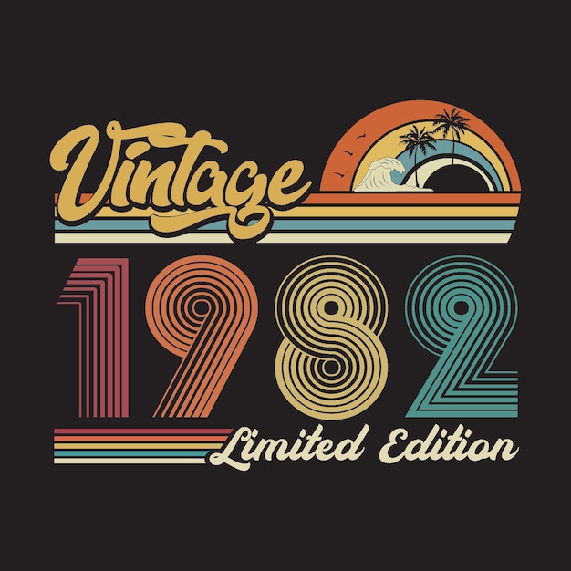 1982 ヴィンテージ レトロな t シャツのデザイン、ベクトル、黒の背景