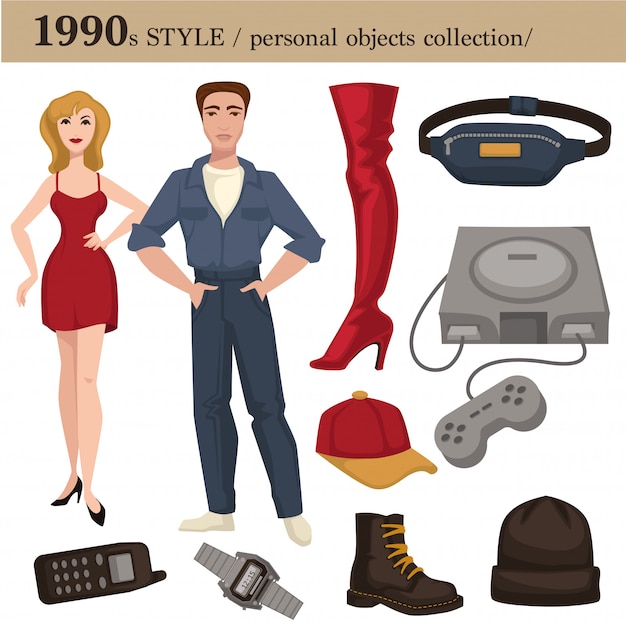 1990 fashion style man and woman personal objects