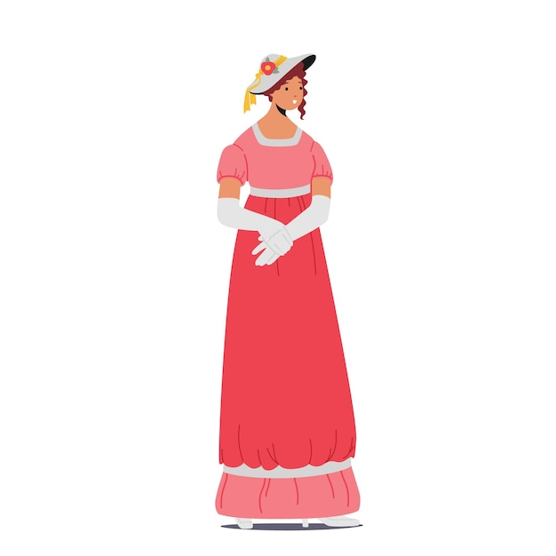 19世紀の女性ビクトリア朝の英語またはフランスの女性は白い背景で隔離のエレガントなガウンと帽子を着用します