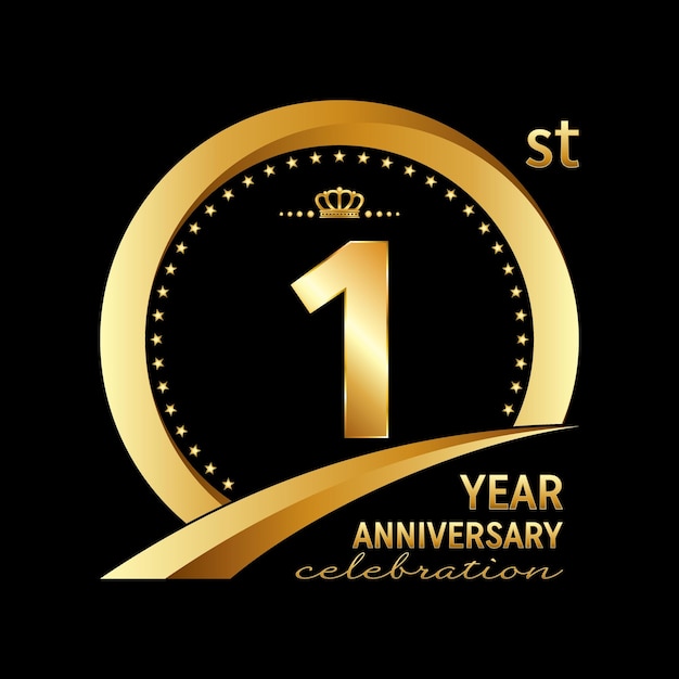 1e verjaardag logo-ontwerp met gouden ring voor verjaardag viering evenement uitnodiging bruiloft wenskaart spandoek poster flyer brochure Logo Vector sjabloon