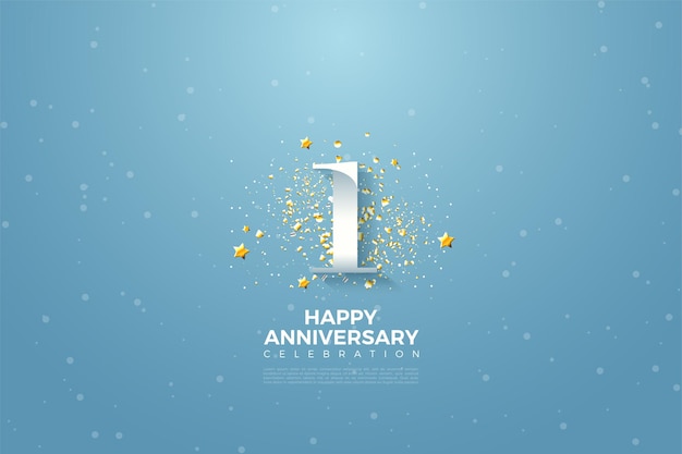 1E Verjaardag Met Numerieke Illustratie Boven De Hemel En Omgeven Door Kleine Sterren. | Premium Vector
