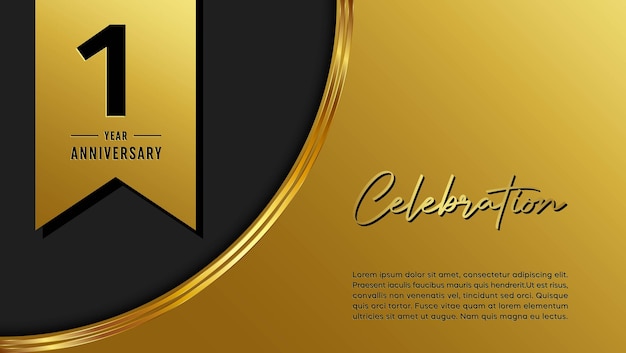 1e verjaardag sjabloonontwerp met gouden patroon en lint voor jubileumviering