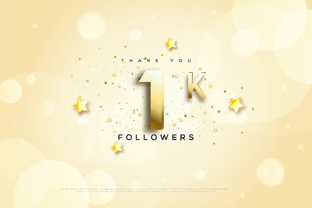 1k follower con sfondo glitterato celebrativo.