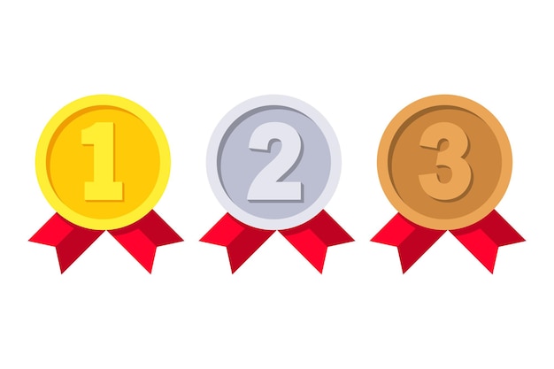 1st, 2nd and 3rd places. Gold, silver, bronze medal. First, second, third place. Award winner. Trophy with red ribbon. Golden badge for achievement. Vector flat design. Isolated on white background
