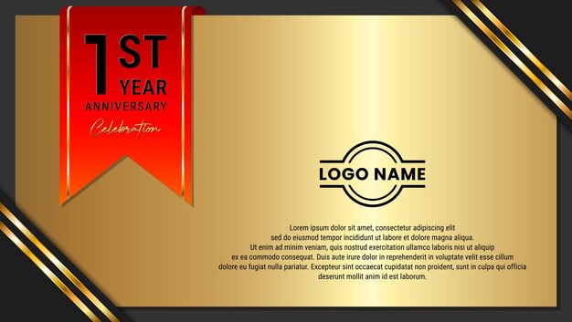 Vector 1st anniversary design template with a red ribbon on a gold background