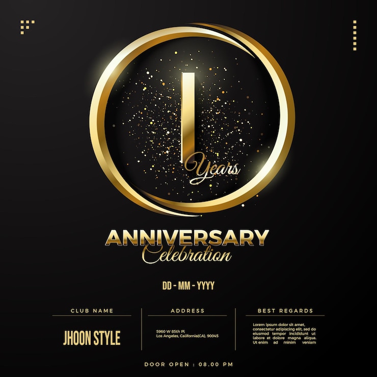 골든 서클 중간에 숫자가 있는 1주년 초대장