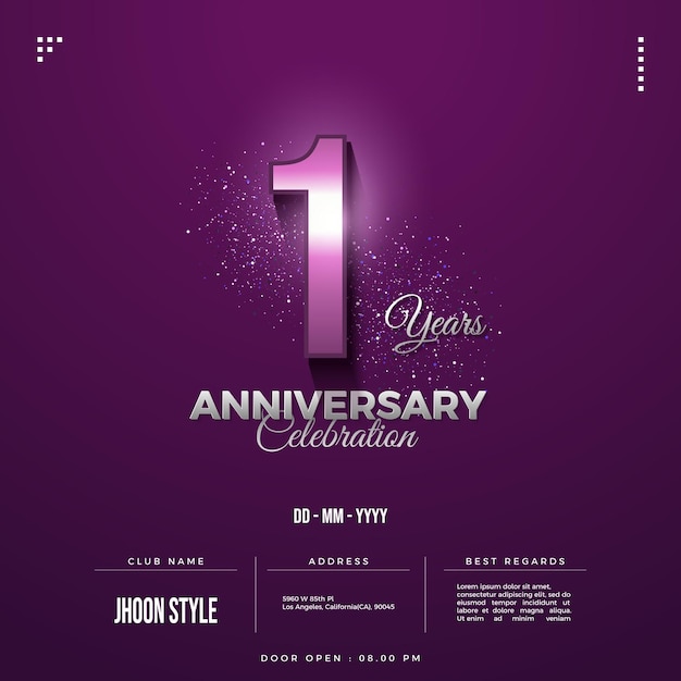 1st anniversary invitation with numbers on purple background