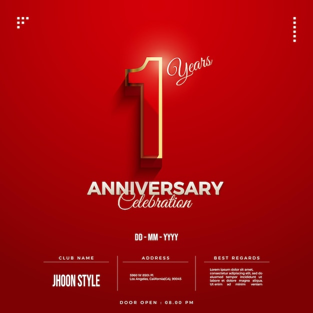 1st anniversary invitation with red numbers bordered by gold
