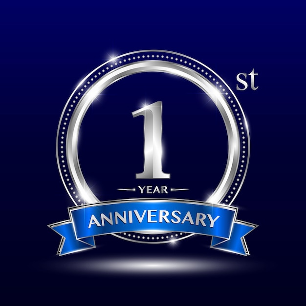 Vector 1st anniversary logo with retro style silver number and text with blue ribbon vector design