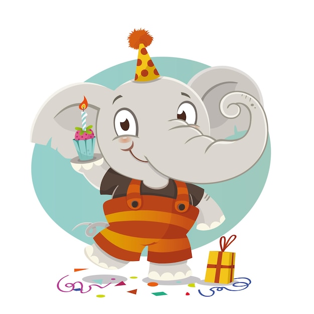 Vector 1st birthday card with cute elephant character vector illustration