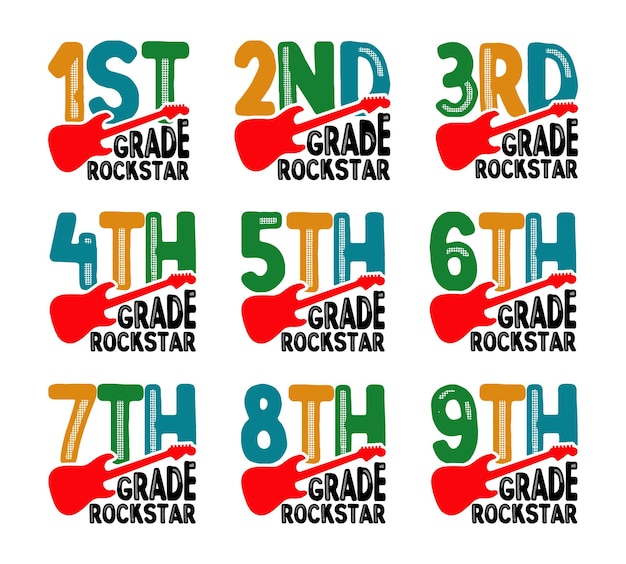 Вектор Рок-звезда 1-го класса «снова в школу», дизайн футболки, набор цитат о «снова в школу»